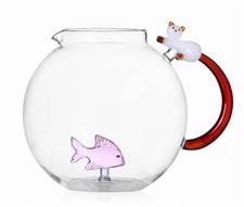 CARAFFA BROCCA VETRO PESCE ROSA E GATTO BIAN
